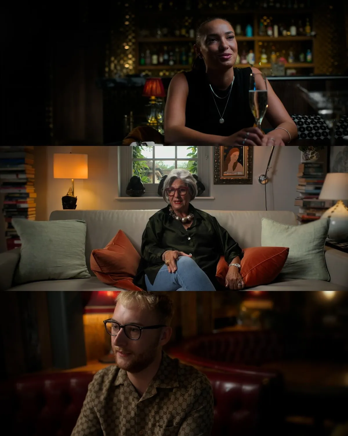 Contributor interviews filmed for the documentary: a young woman at a bar, an older woman on the sofa at home and a young man in a club banquette.