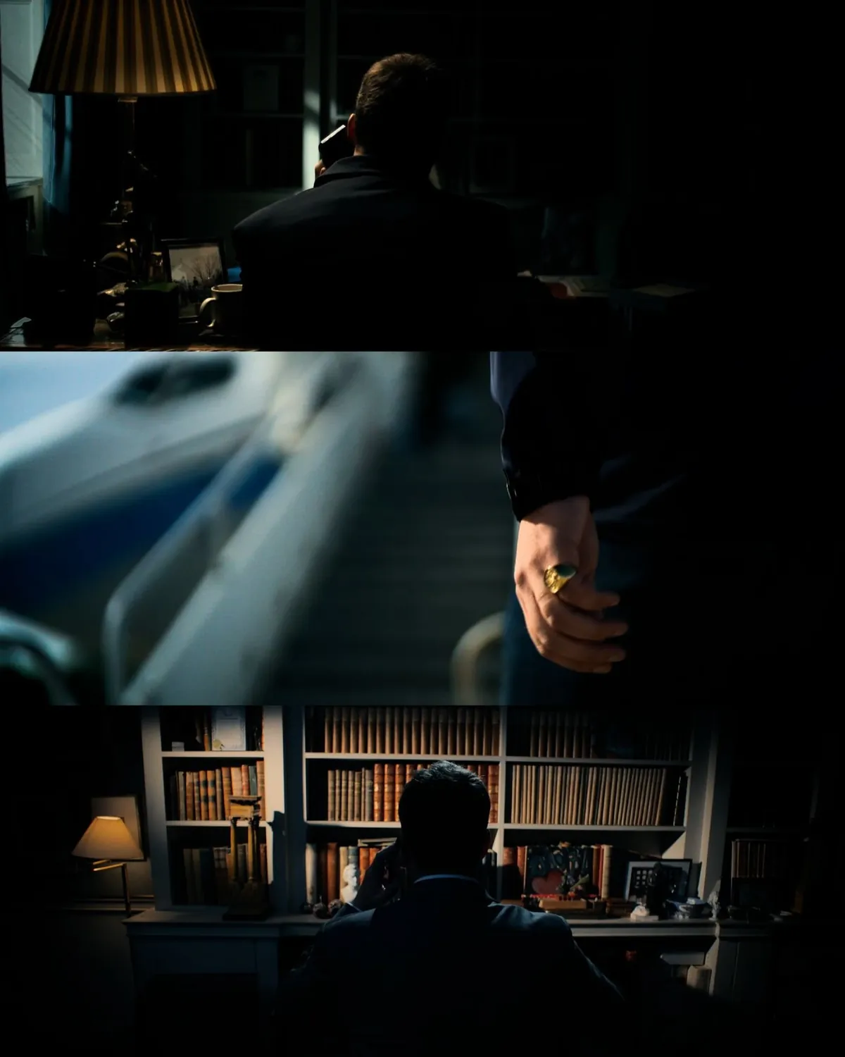 Reconstruction stills from the film: a man takes a call at a desk in a darkened study, a close-up of a gold signet ring and a figure silhouetted in front of a bookcase.